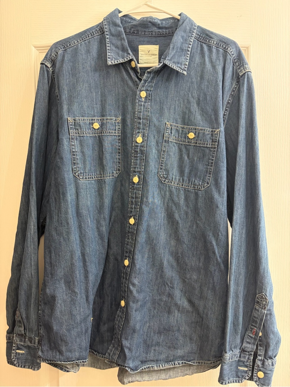 Classic Denim Button-Up Shirt in Medium Blue American Eagle